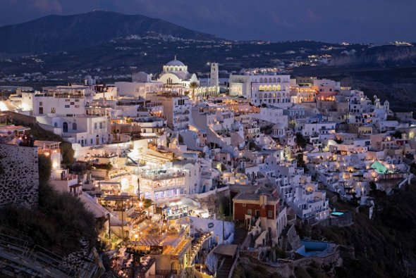 Springboard Perrry Mastrovito Fira Village at Dusk Snatorini Greece Canon EOS 5D 24-105